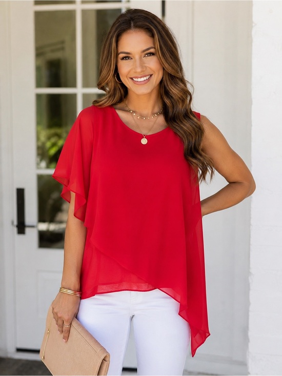 Iz Byer Tops - Iz Byer Coral-Red Layered Asymmetrical Chiffon Top